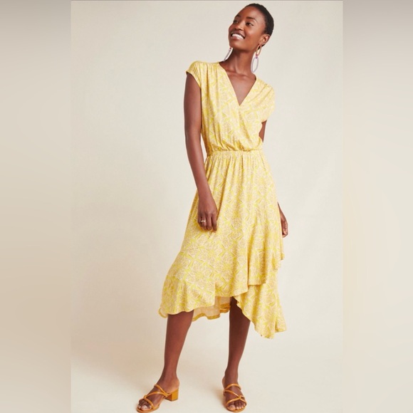 Maeve Dresses & Skirts - Anthropologie Maeve Fete Yellow Midi Dress Size M V-Neck Handkerchief Hem